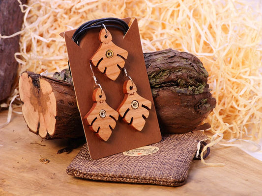 Holzblatt Krone Set "Kirsche" Anhänger und Ohrringe